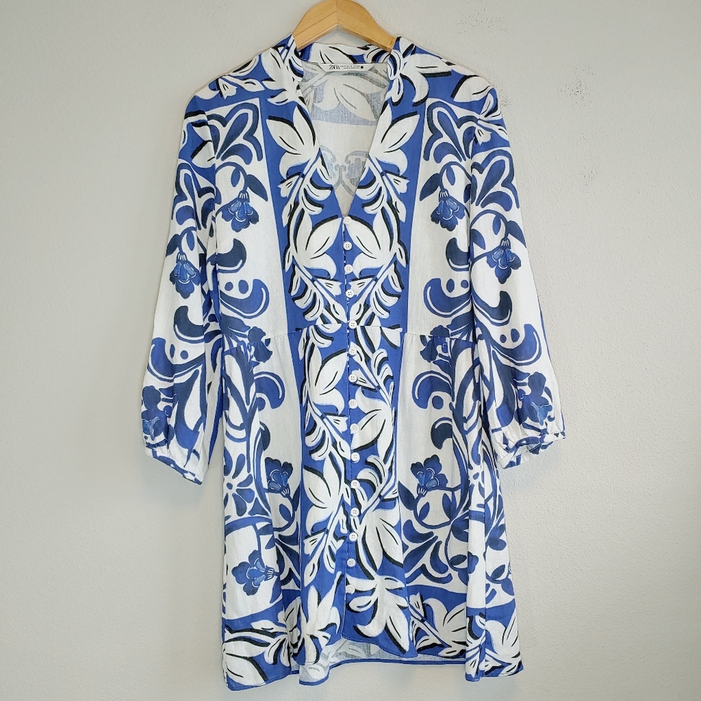 Zara Blue and White Floral Mini Dress